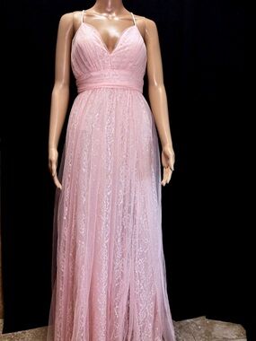 Windsor Soft Pink floral tulle Lace Maxi Dress with side slit